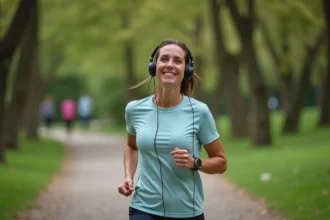 Femme courant dans un parc urbain avec écouteurs