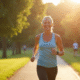 Femme souriante en tenue de sport marchant dans un parc ensoleille