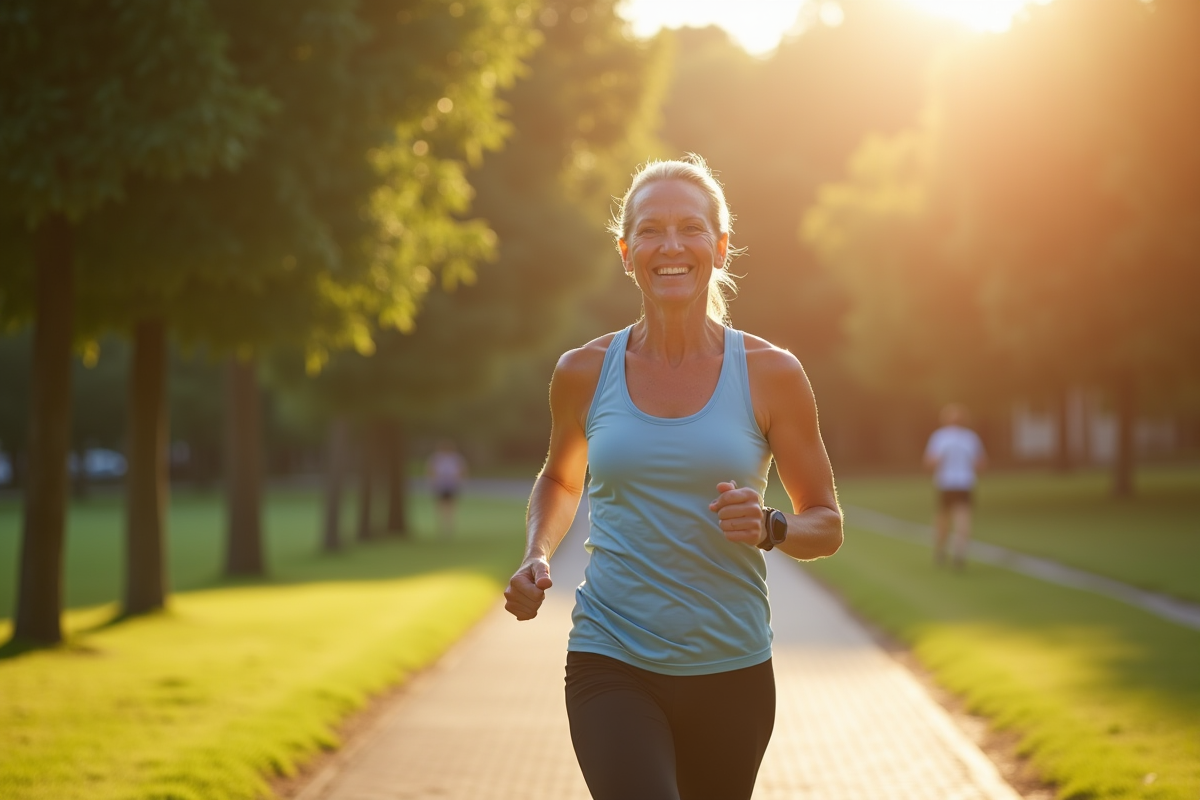 Femme souriante en tenue de sport marchant dans un parc ensoleille