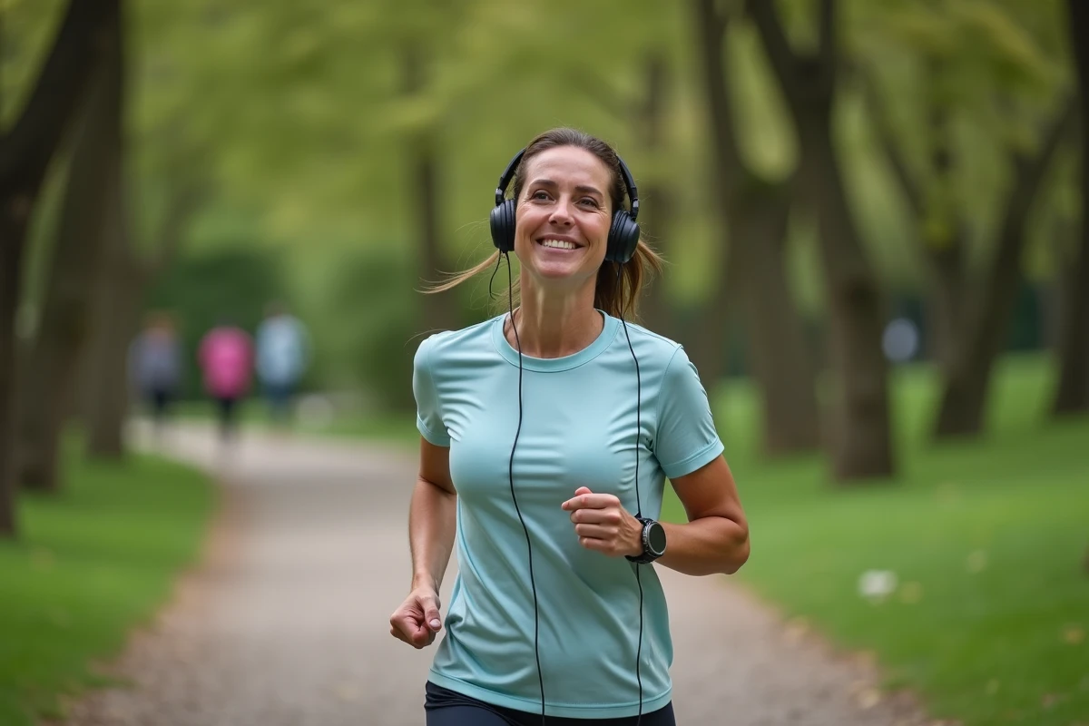 Femme courant dans un parc urbain avec écouteurs