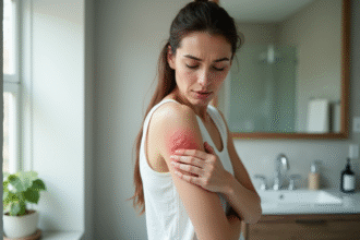 Femme inquiète regardant son bras avec une éruption cutanée