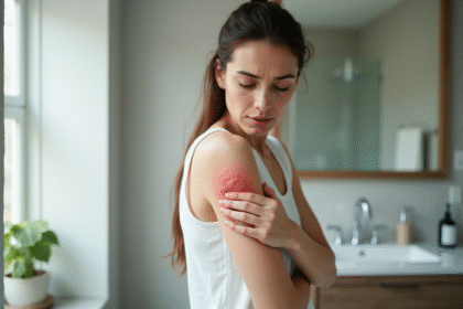 Femme inquiète regardant son bras avec une éruption cutanée