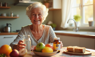 Femme âgée souriante prenant un complément vitaminé au petit déjeuner