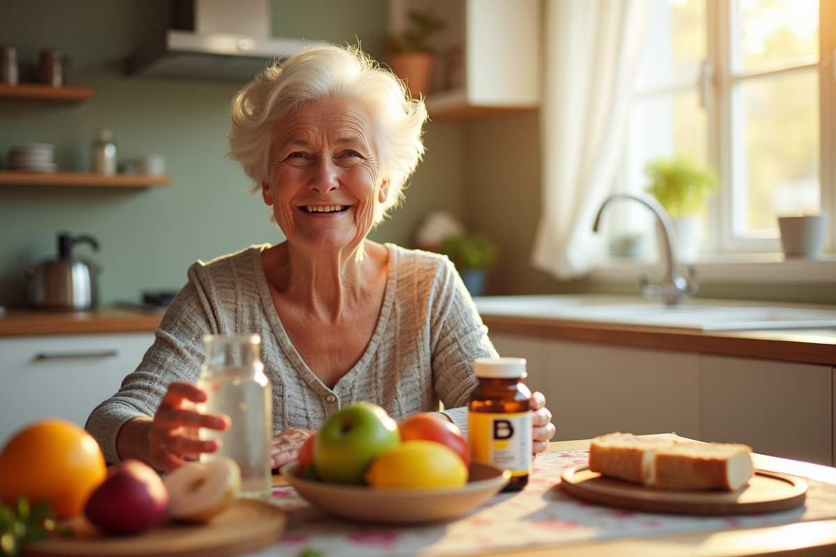 Femme âgée souriante prenant un complément vitaminé au petit déjeuner