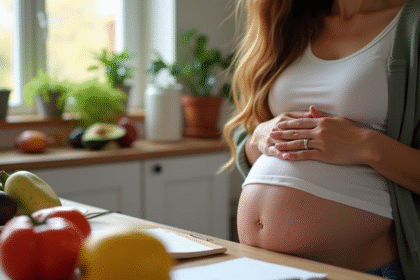 Femme enceinte tenant un avocat dans la cuisine lumineuse
