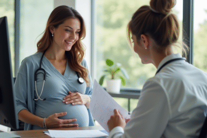Femme enceinte au bureau avec docteur dans un espace lumineux