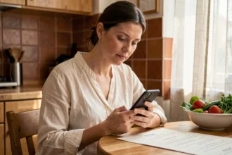 Femme enceinte consultant le menu d'une pizzeria sur son smartphone depuis sa cuisine pour choisir une pizza adaptée à sa grossesse