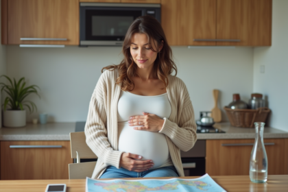 Femme enceinte assise à la cuisine avec carte et eau