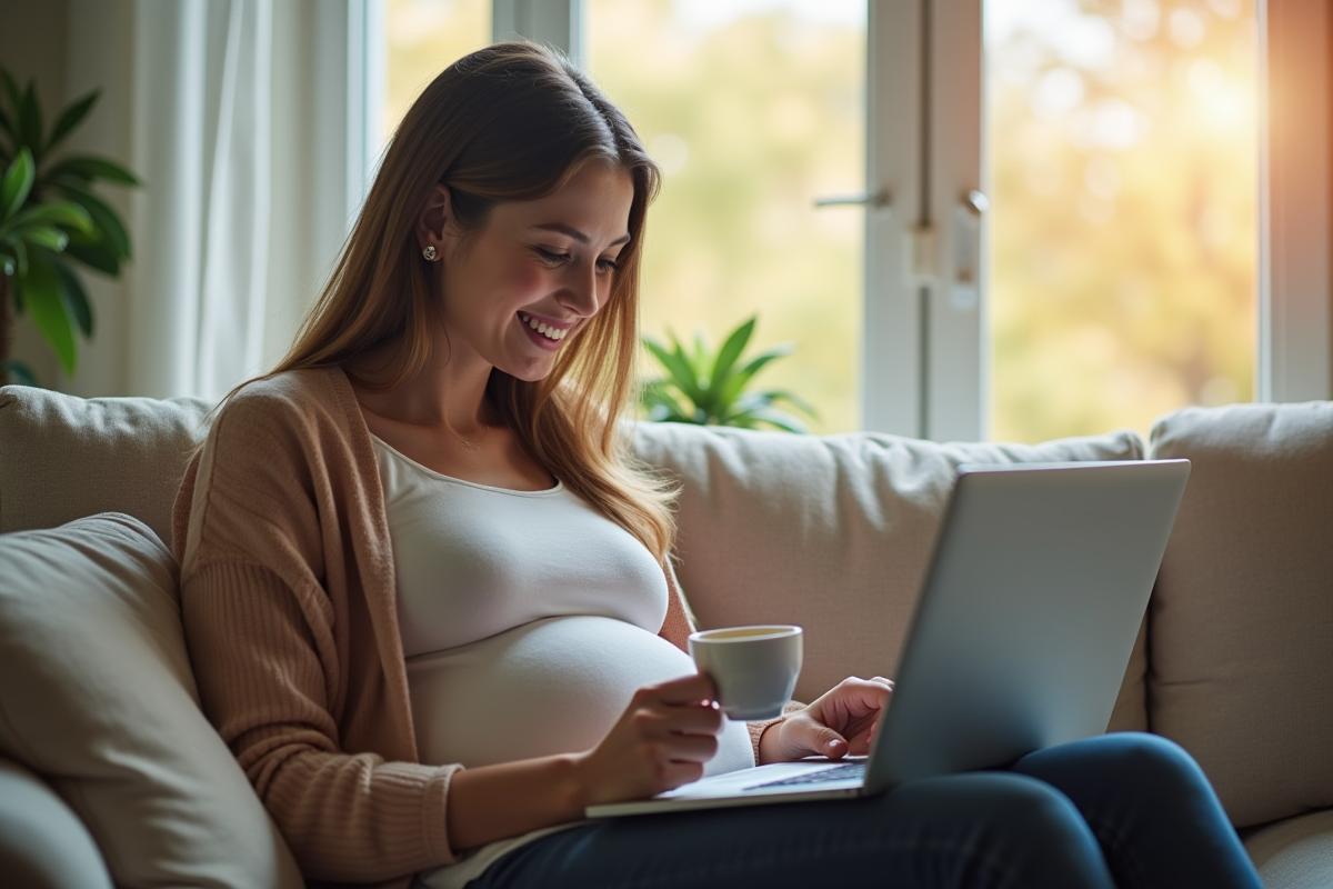 Femme enceinte à la maison souriante avec ordinateur et thé