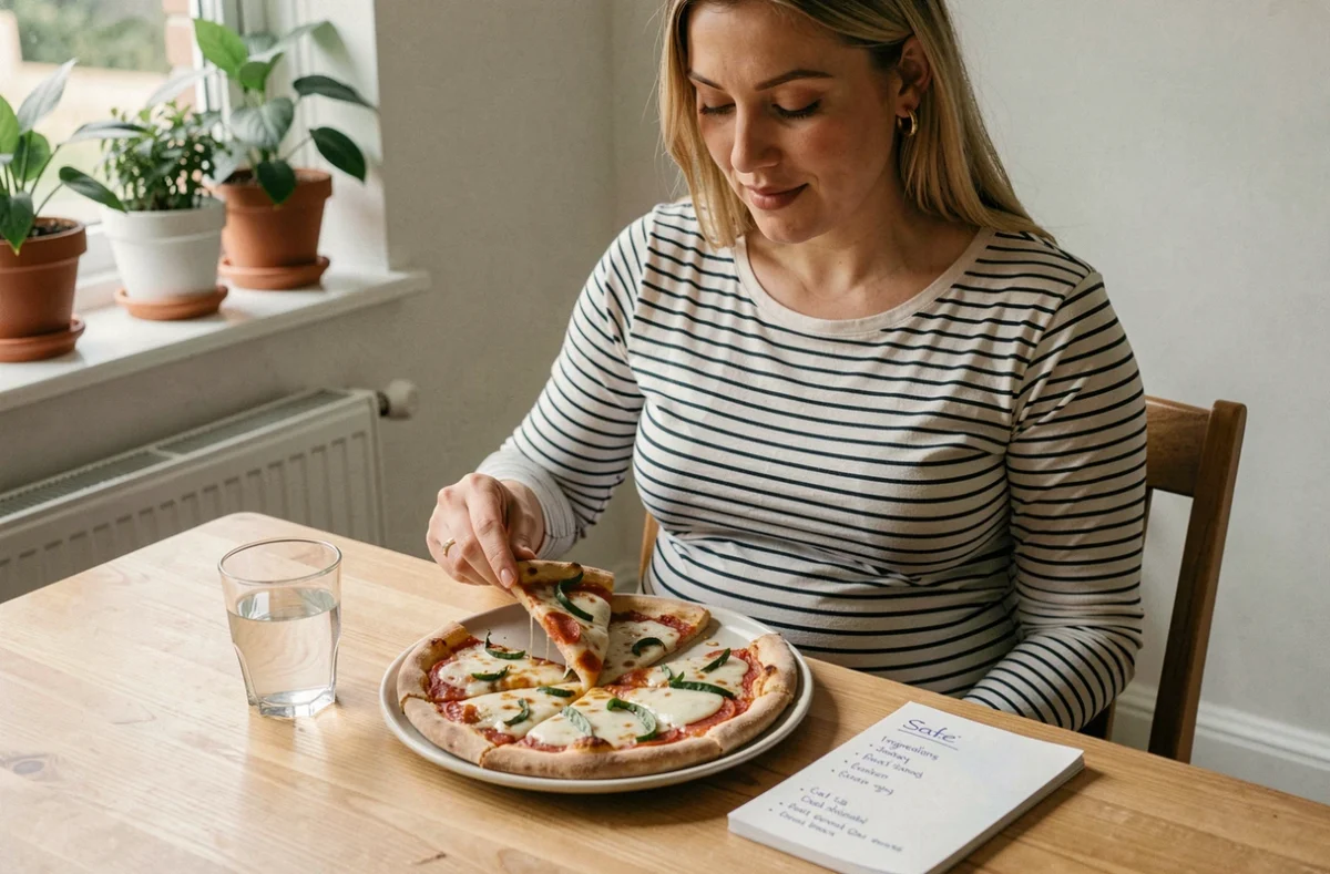 Femme enceinte mangeant une pizza aux légumes faite maison en toute sécurité avec une liste d'ingrédients autorisés pendant la grossesse