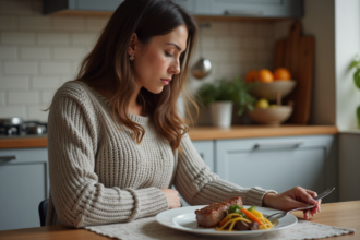 Femme enceinte regardant un filet americain dans la cuisine