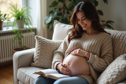 Femme enceinte souriante dans son salon avec livre de parentalite