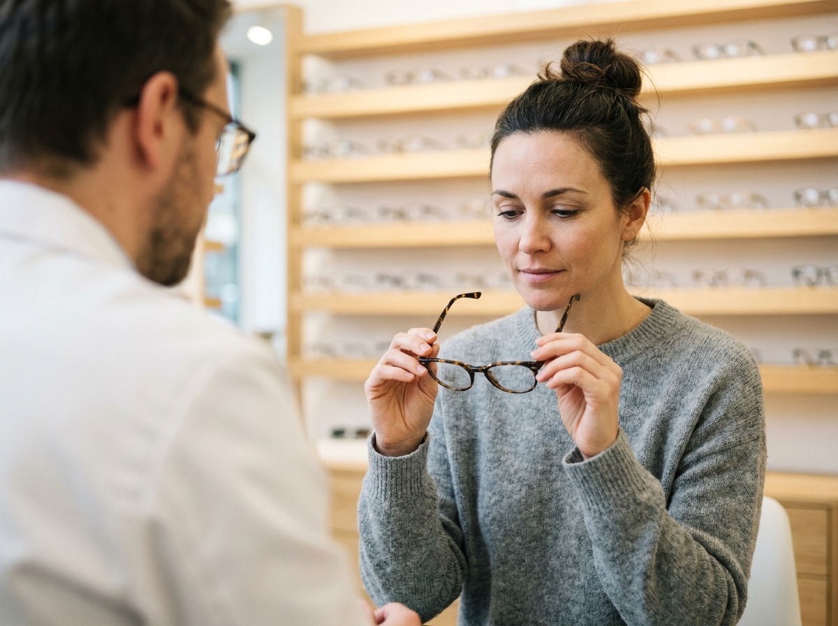 Femme en train d'essayer une nouvelle monture de lunettes chez un opticien, tenant les lunettes dans ses mains avec une expression réfléchie
