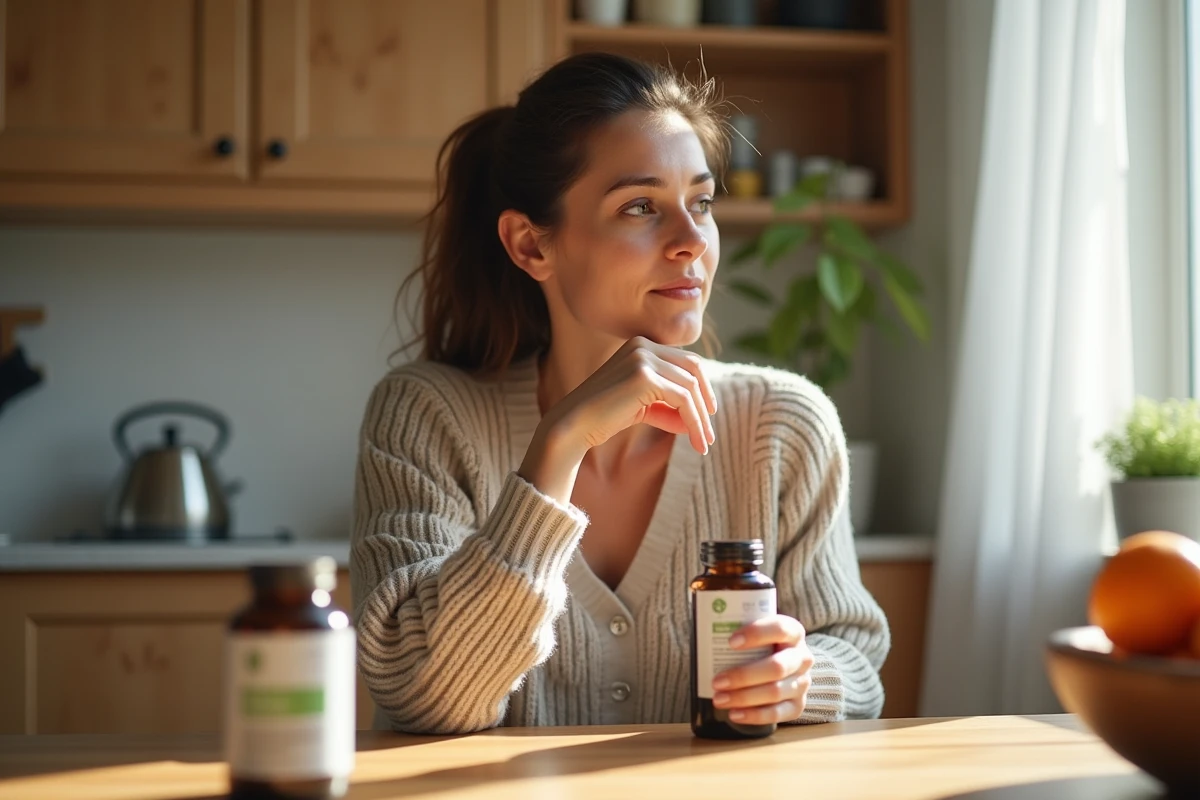 Femme lisant une bouteille de compléments herbes dans la cuisine