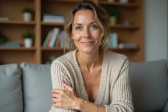 Femme appliquant une crème hydratante visage dans un salon cosy