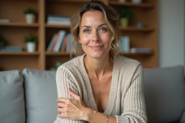 Femme appliquant une crème hydratante visage dans un salon cosy