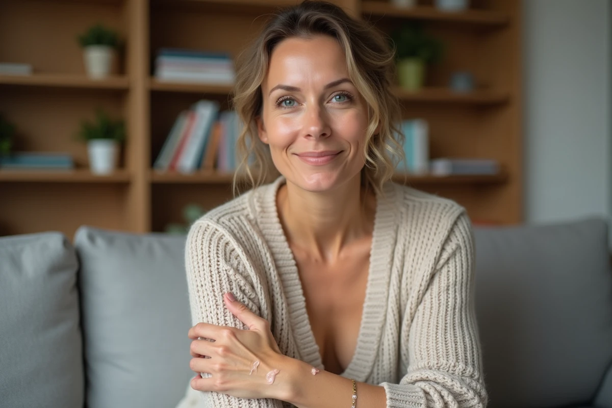 Femme appliquant une crème hydratante visage dans un salon cosy