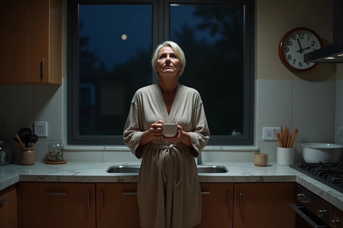 Femme debout dans la cuisine la nuit avec une tasse, symbole des réveils nocturnes liés à l'insomnie chronique