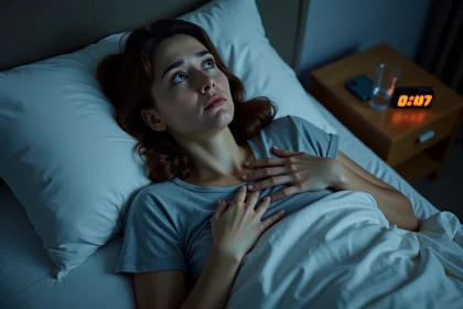 Femme éveillée au milieu de la nuit, insomnie avec réveil nocturne fréquent et regard fixé au plafond