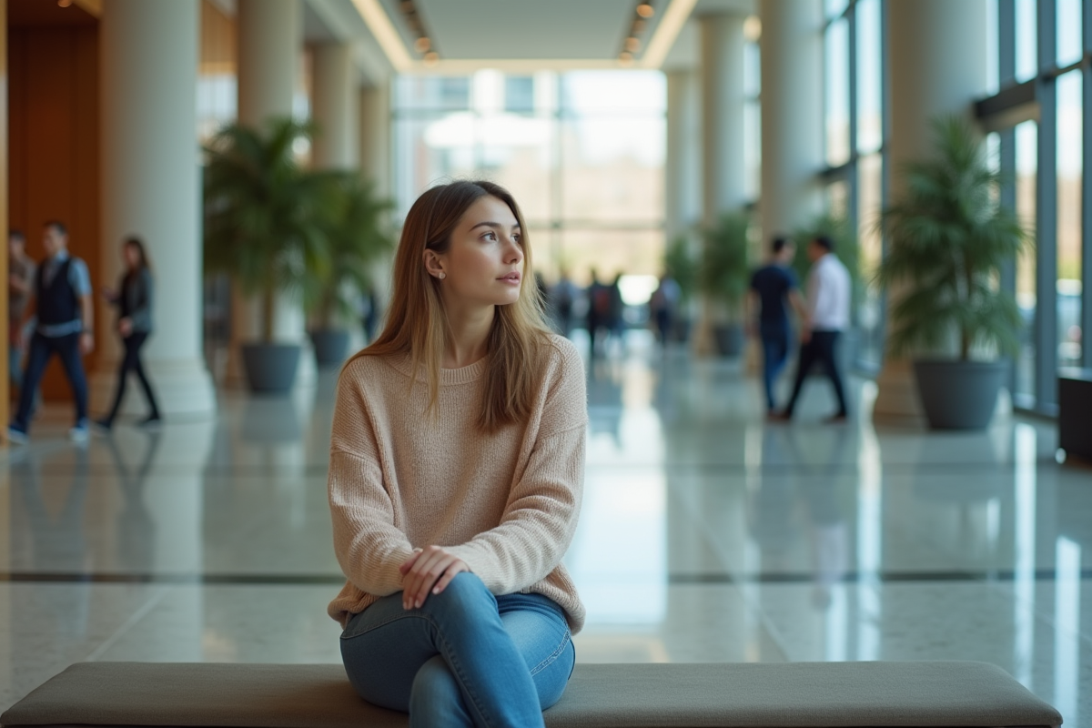 Jeune femme assise seule dans un lobby moderne