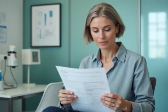 Femme d'âge moyen examinant des résultats de laboratoire