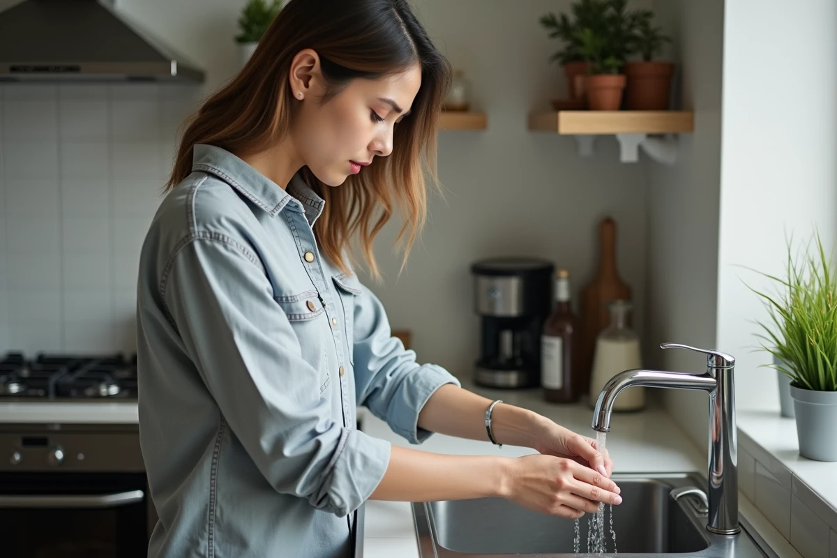 Jeune femme se lavant les mains dans la cuisine moderne