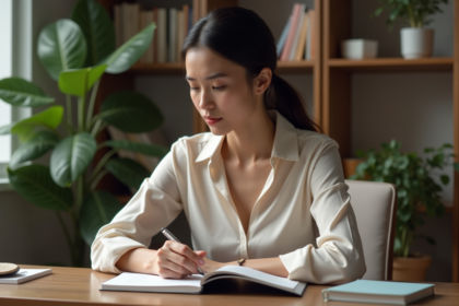 Jeune femme lisant un guide de santé mentale dans un bureau cosy