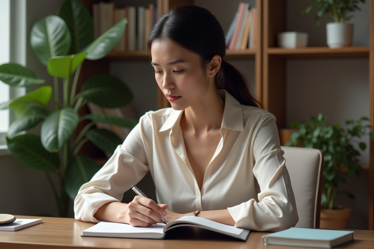 Jeune femme lisant un guide de santé mentale dans un bureau cosy