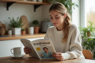 Femme lisant un magazine de psychologie positive dans une cuisine lumineuse