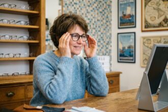 Femme souriante essayant des lunettes dans une boutique à Douarnenez