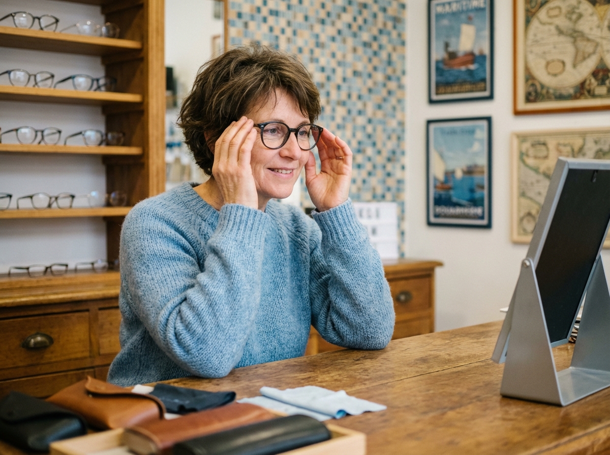 Femme souriante essayant des lunettes dans une boutique à Douarnenez
