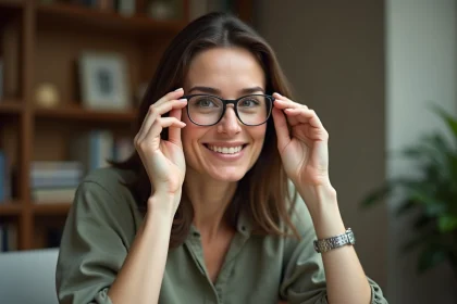Femme portant des lunettes à verres minces et monture fine pour forte correction visuelle, assise à un bureau en bois