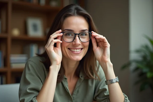 Femme portant des lunettes à verres minces et monture fine pour forte correction visuelle, assise à un bureau en bois