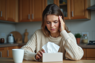 Femme malade en cuisine avec mouchoirs et expression préoccupée
