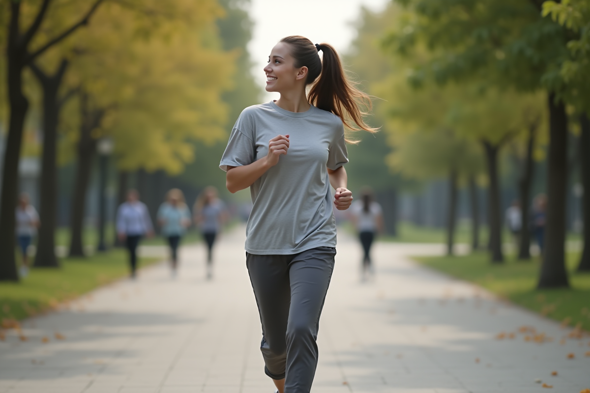 Femme marchant dans un parc urbain en tenue décontractée