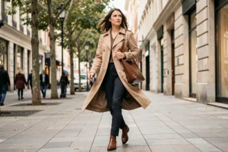 Femme marchant d'un pas régulier sur un trottoir urbain en ville, illustrant la vitesse normale de marche au quotidien