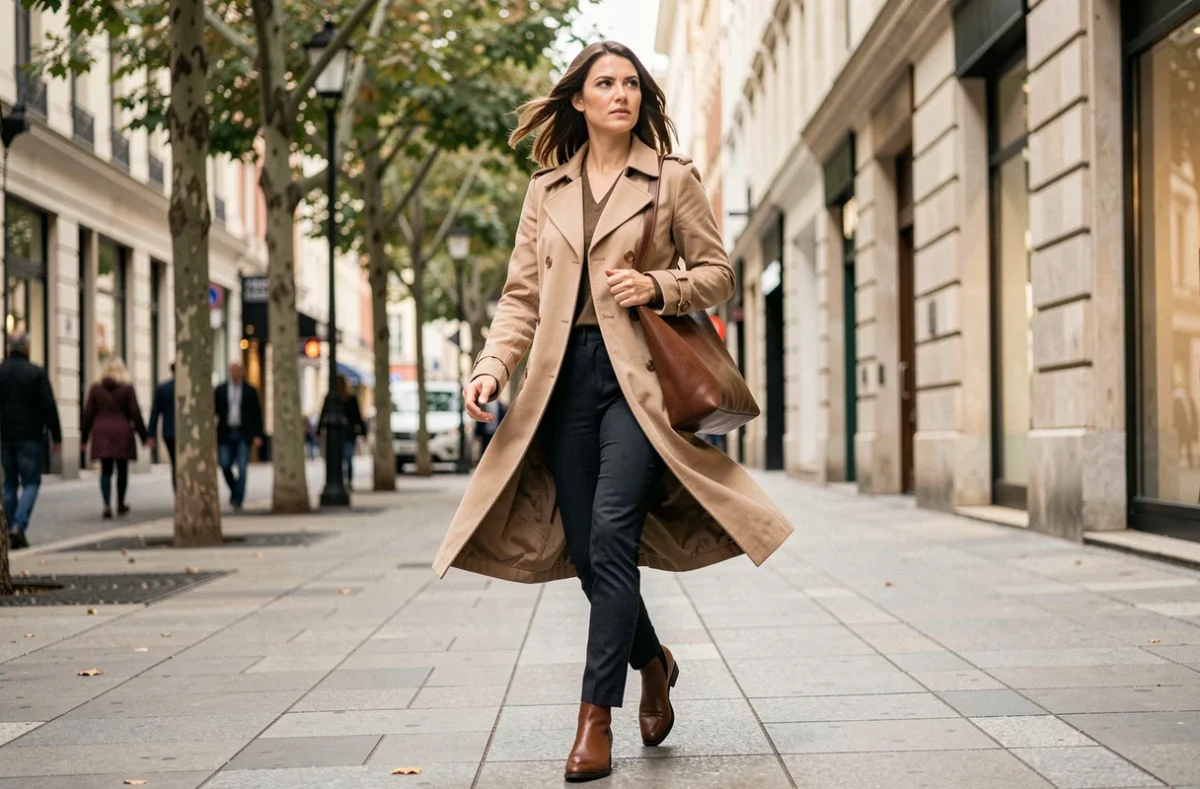 Femme marchant d'un pas régulier sur un trottoir urbain en ville, illustrant la vitesse normale de marche au quotidien