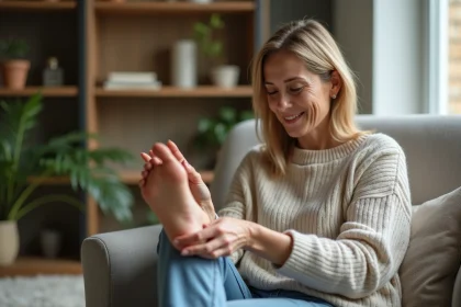 Femme détendue massant son pied dans un bureau cosy