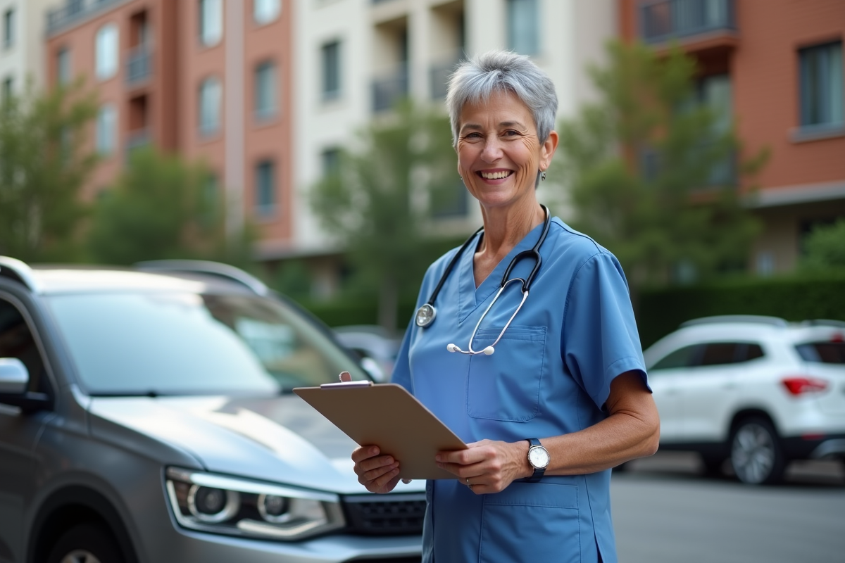 Médecin souriante à côté de sa voiture dans la rue
