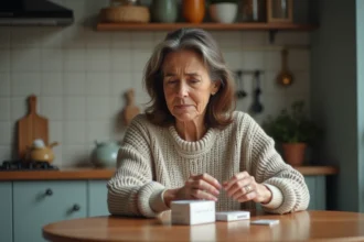 Femme d'âge moyen examine des médicaments dans sa cuisine
