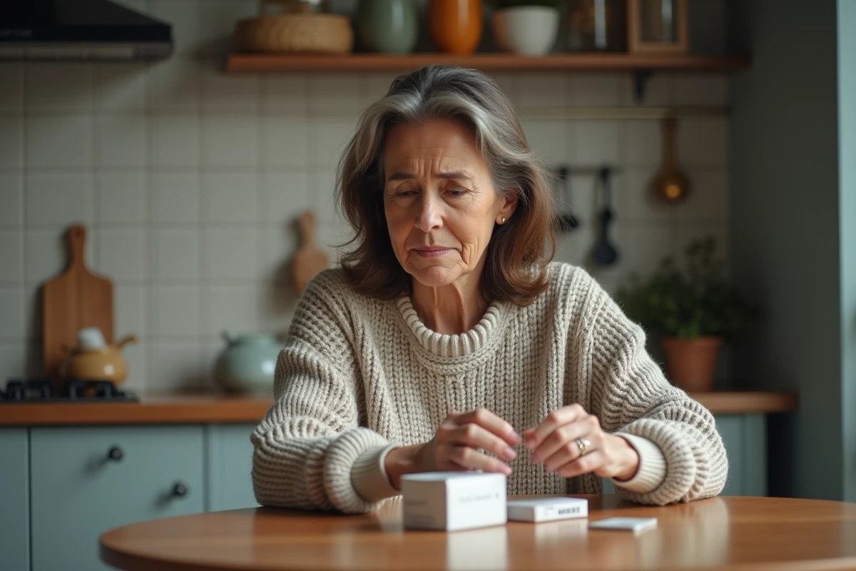 Femme d'âge moyen examine des médicaments dans sa cuisine