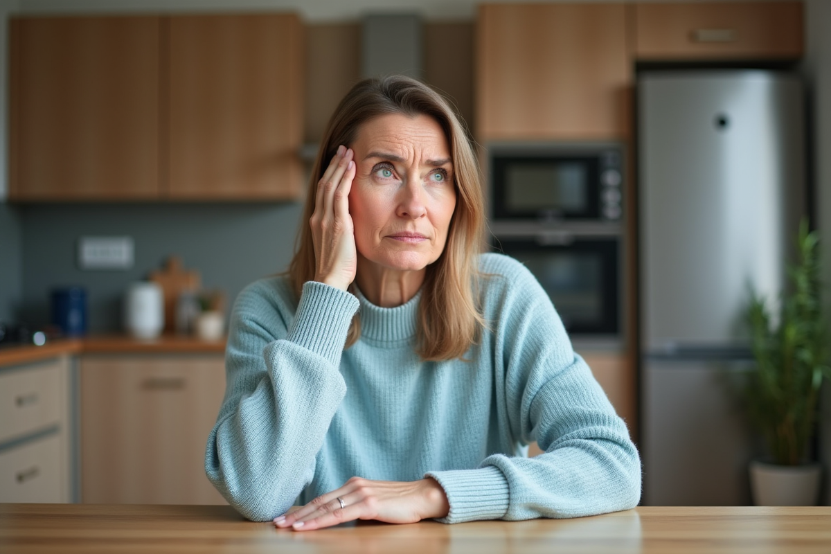 Femme d'âge moyen en réflexion dans une cuisine moderne