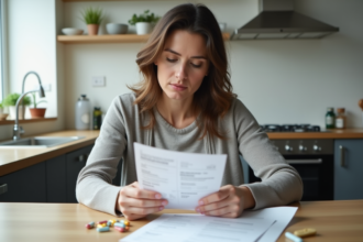 Femme en réflexion avec médicaments dans une cuisine lumineuse