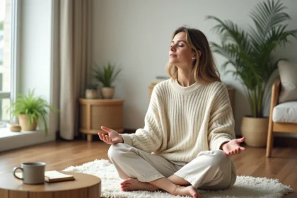 Femme sereine en méditation dans un salon minimaliste, illustrant la paix intérieure et la sérénité pour traverser les périodes difficiles