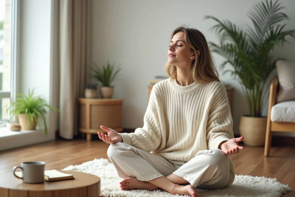 Femme sereine en méditation dans un salon minimaliste, illustrant la paix intérieure et la sérénité pour traverser les périodes difficiles