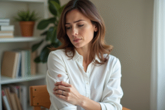 Femme examinant une petite tache de peau sur le bras