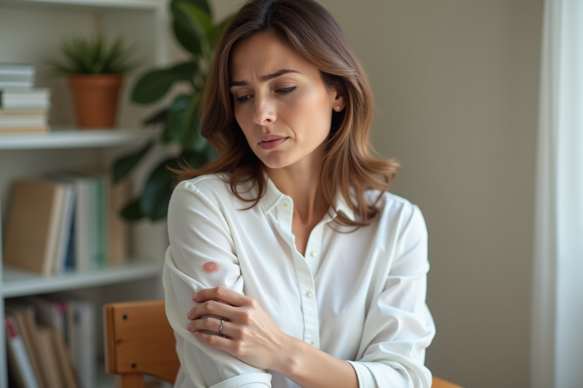 Femme examinant une petite tache de peau sur le bras