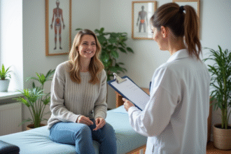 Femme souriante en consultation osteopathie dans un cabinet
