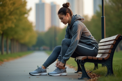 Femme en tenue de sport attachant ses chaussures au parc