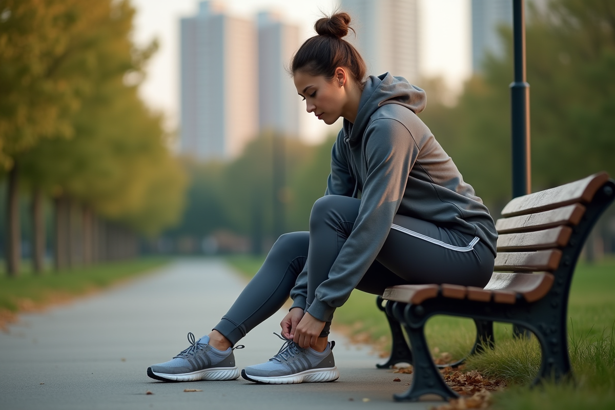 Femme en tenue de sport attachant ses chaussures au parc